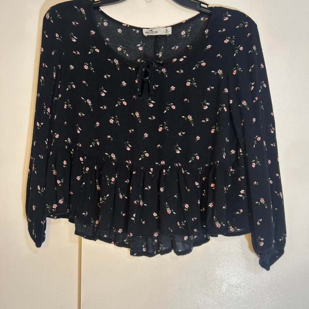 Hollister Floral Long Sleeve Babydoll Peasant Top, Black, Size S